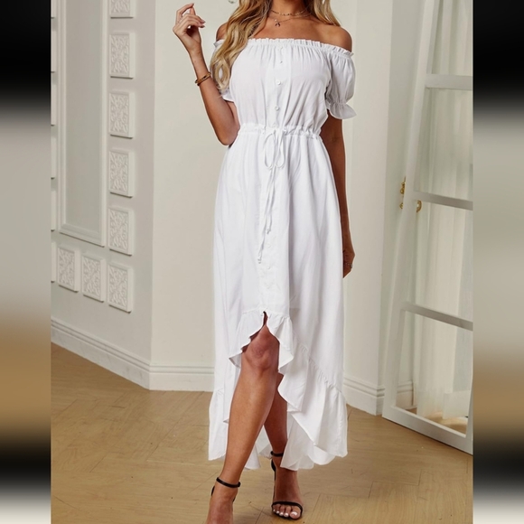 off-shoulder midi dress asymmetrical ruffle vertical lines, large, cotton blend. - Picture 2 of 16